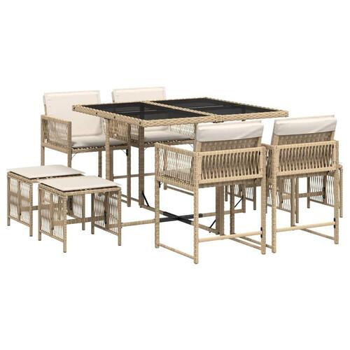Spisebordssæt til haven 9 dele med hynder polyrattan beige