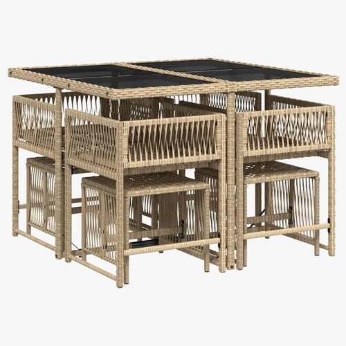 Spisebordssæt til haven 9 dele med hynder polyrattan beige