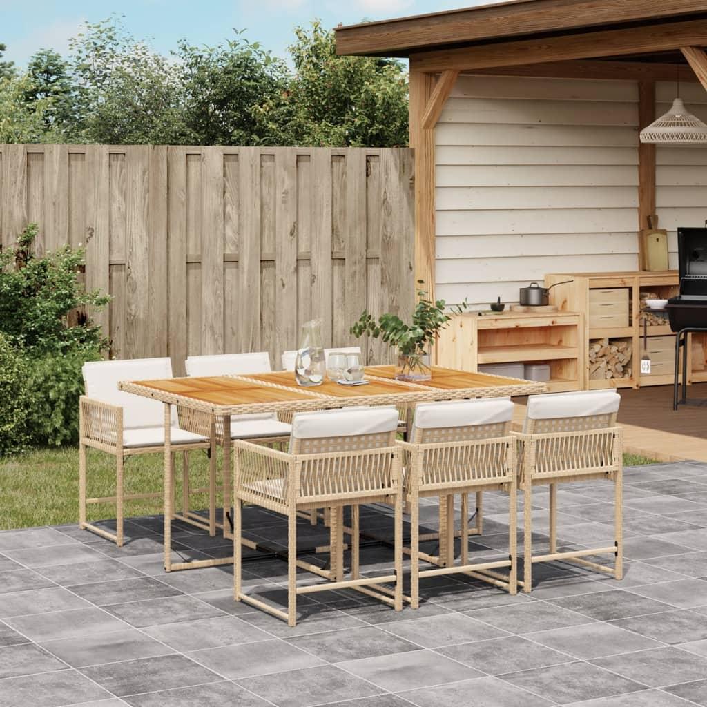 Spisebordssæt til haven 7 dele med hynder polyrattan beige