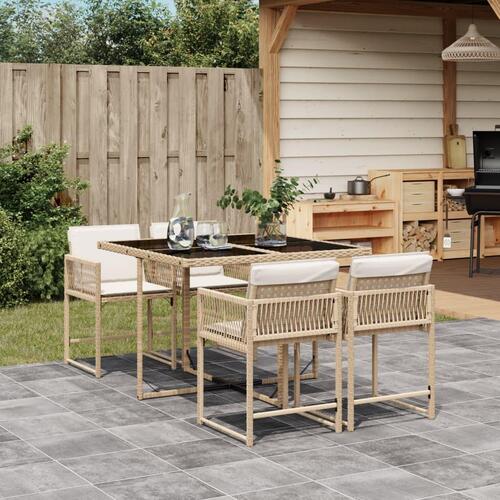 Spisebordssæt til haven 5 dele med hynder polyrattan beige