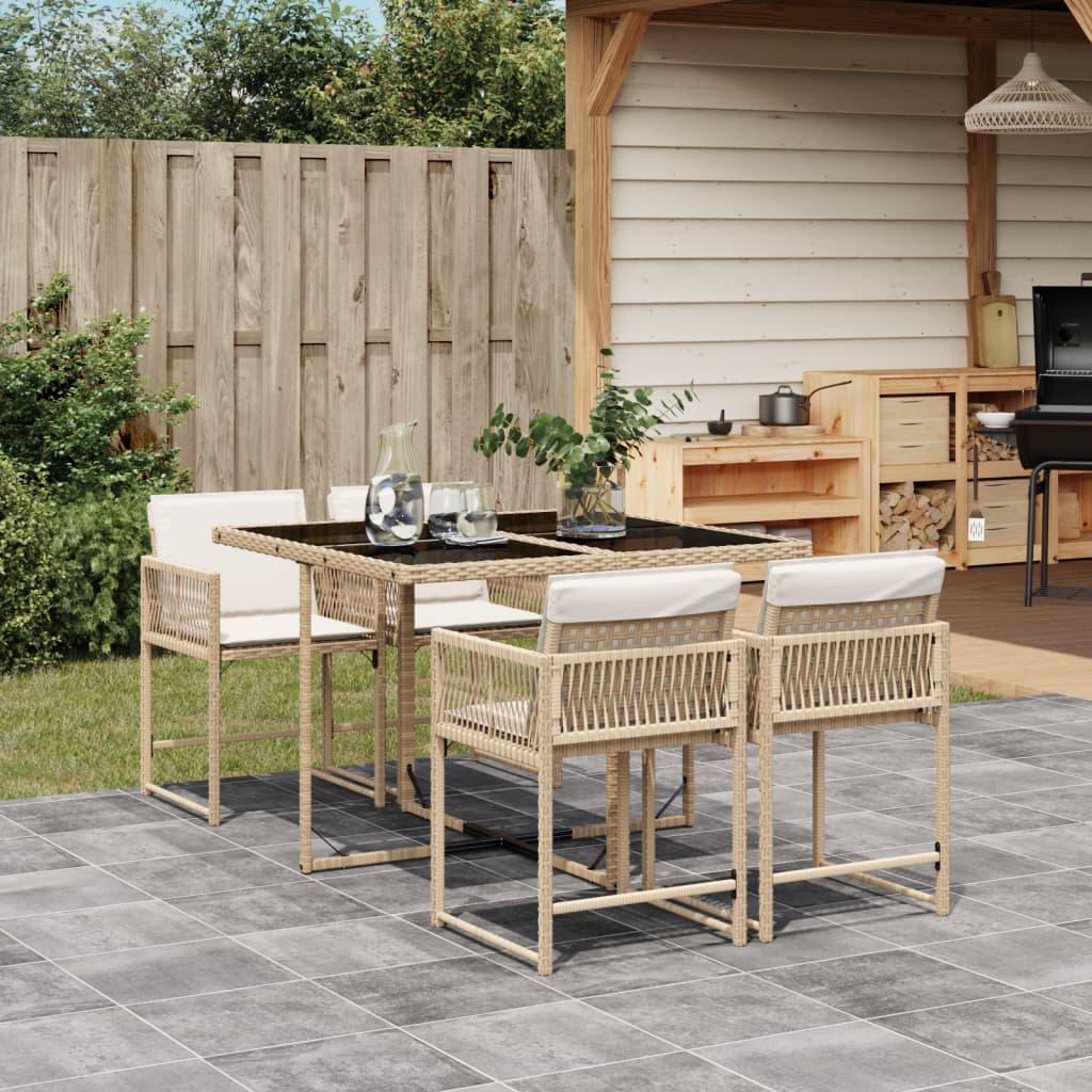Spisebordssæt til haven 5 dele med hynder polyrattan beige