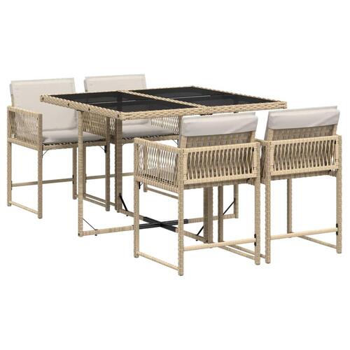 Spisebordssæt til haven 5 dele med hynder polyrattan beige