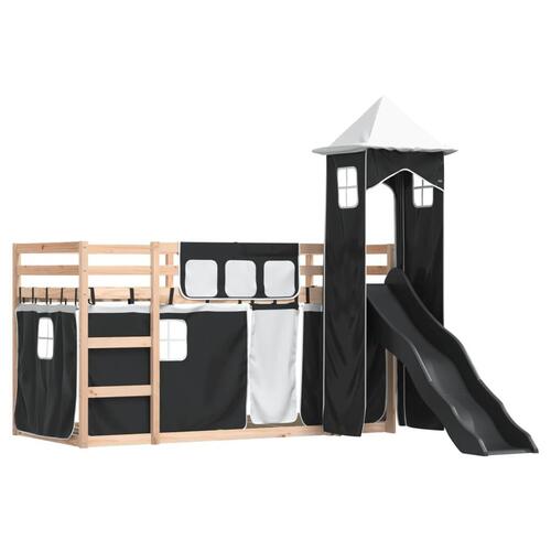 Køjeseng med rutsjebane og forhæng 90x190 cm hvid og sort
