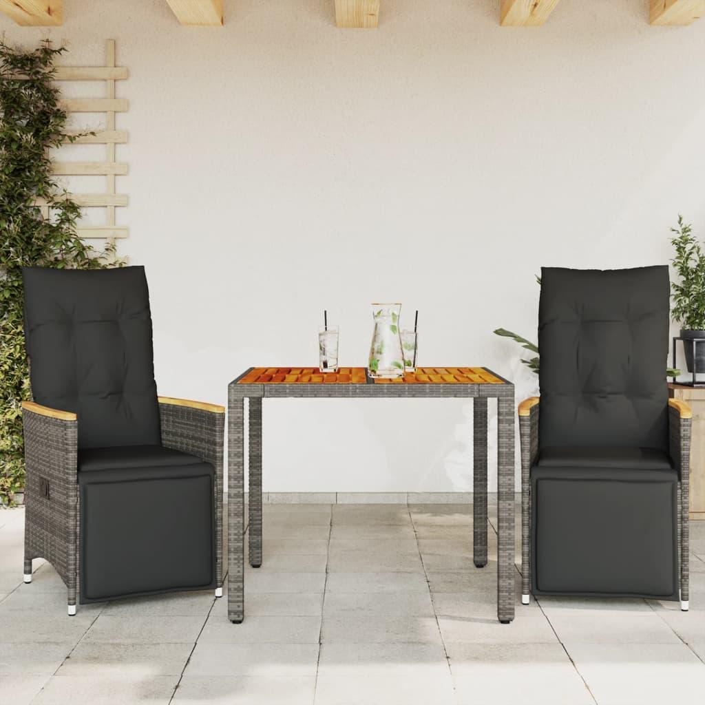 Bistrosæt til haven 3 dele med hynder polyrattan grå