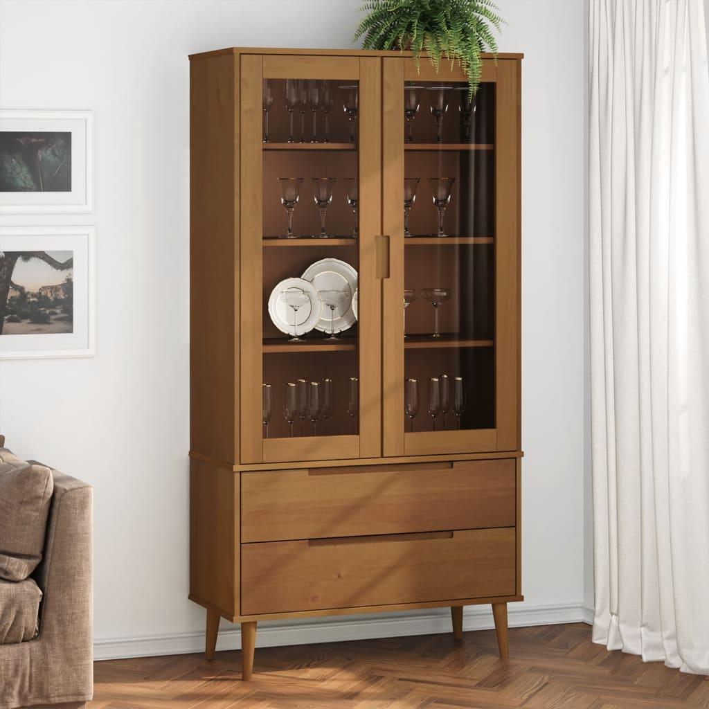 Vitrineskab MOLDE 90x35x175 cm massivt fyrretræ brun