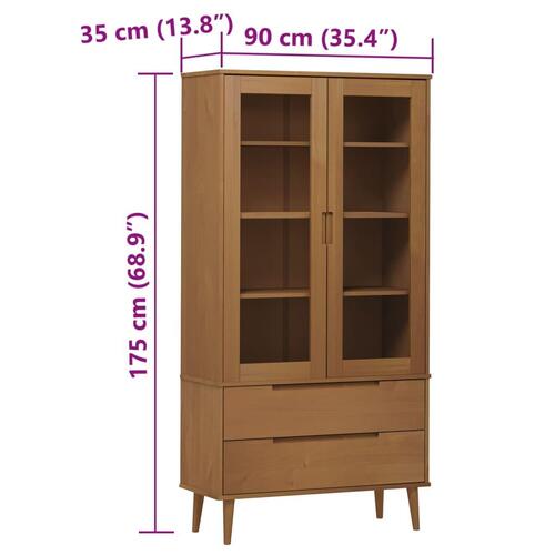 Vitrineskab MOLDE 90x35x175 cm massivt fyrretræ brun