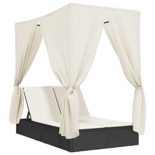 Solseng med tag og gardiner polyrattan sort