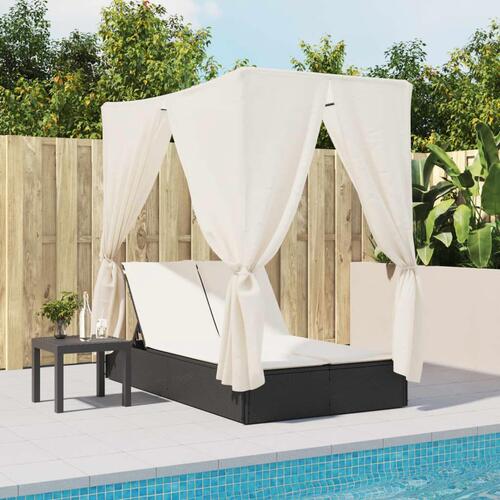 Solseng med tag og gardiner polyrattan sort