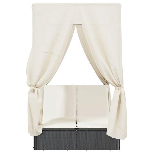 Solseng med tag og gardiner polyrattan sort