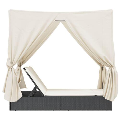 Solseng med tag og gardiner polyrattan sort