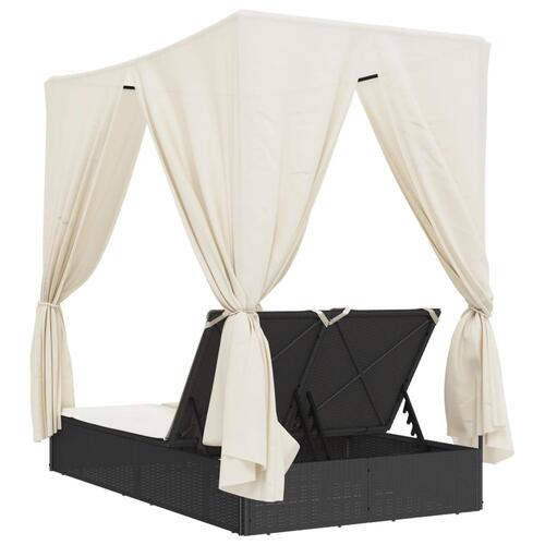 Solseng med tag og gardiner polyrattan sort