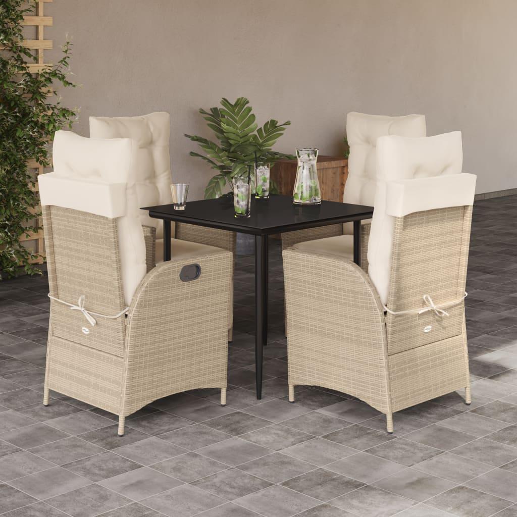 Spisebordssæt til haven 5 dele med hynder polyrattan beige