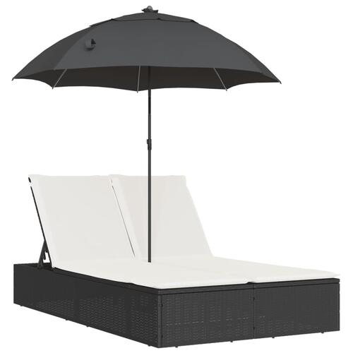 Dobbelt loungesofa med hynder og parasol polyrattan sort