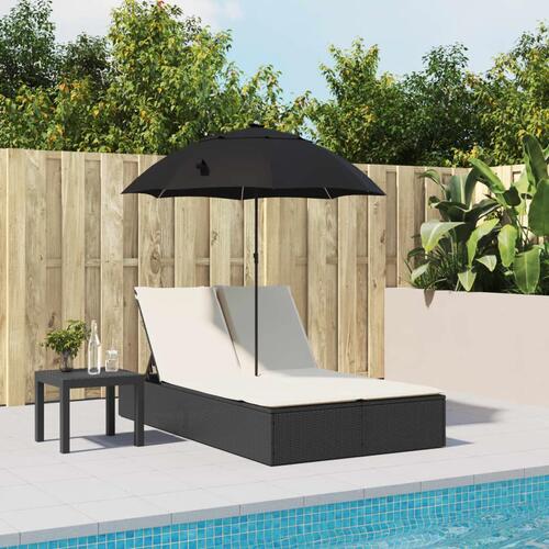 Dobbelt loungesofa med hynder og parasol polyrattan sort