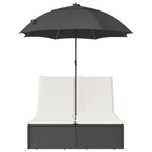 Dobbelt loungesofa med hynder og parasol polyrattan sort