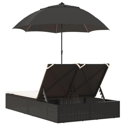 Dobbelt loungesofa med hynder og parasol polyrattan sort