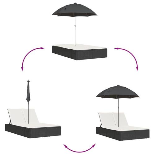 Dobbelt loungesofa med hynder og parasol polyrattan sort