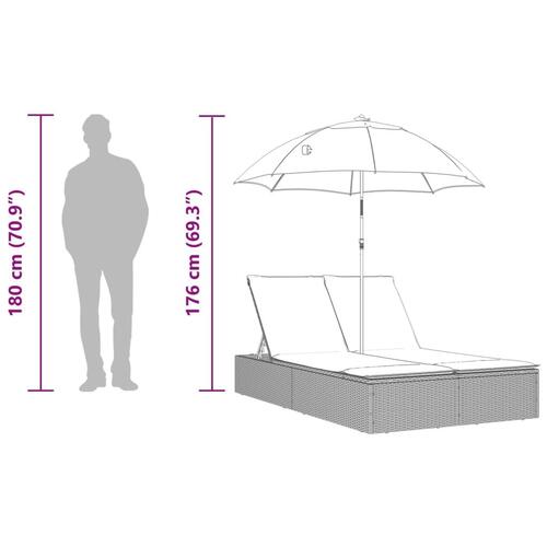 Dobbelt loungesofa med hynder og parasol polyrattan sort