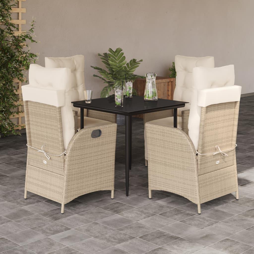 Spisebordssæt til haven 5 dele med hynder polyrattan beige
