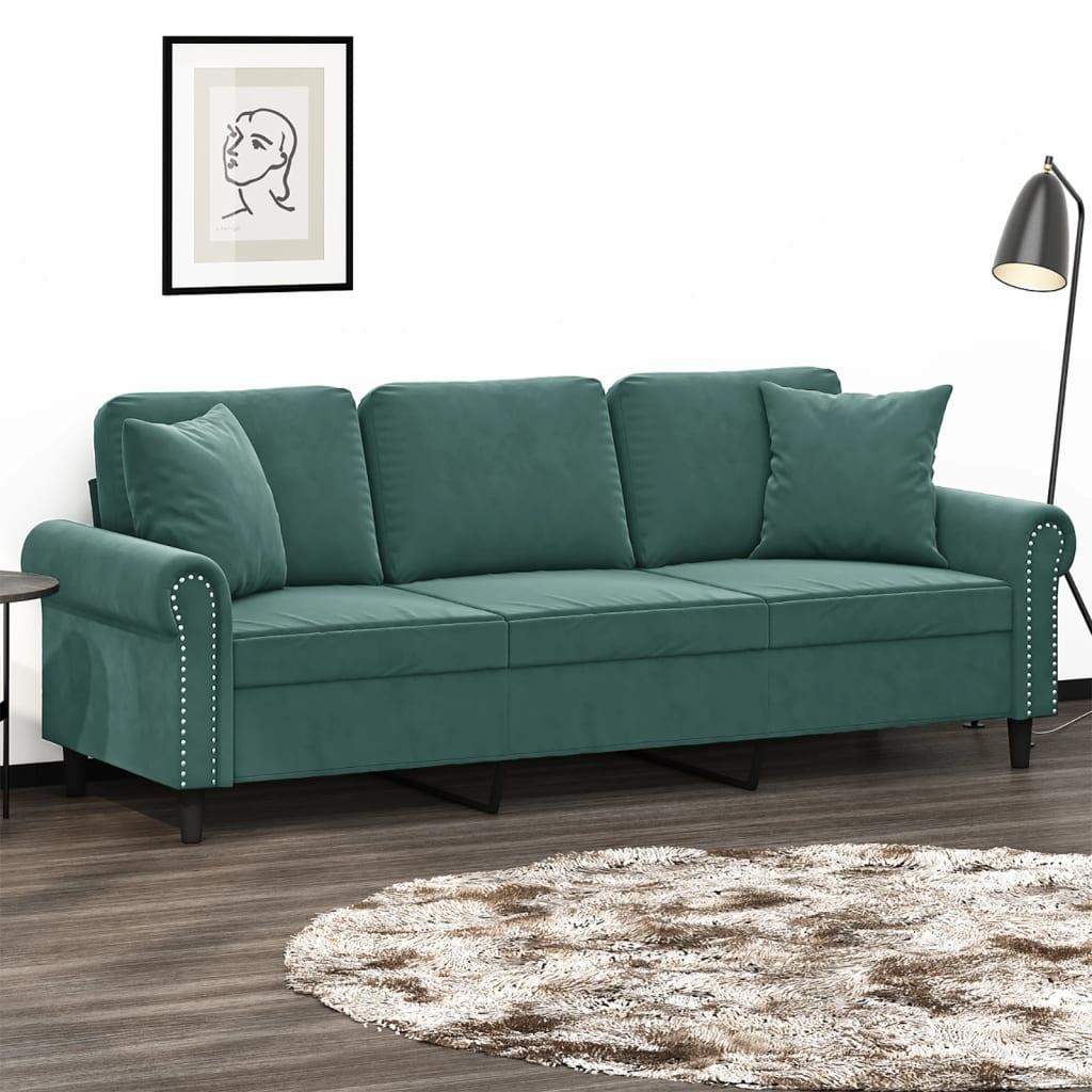 3-Personers Sofa Med Pyntepuder Velour - 180 cm / Mørkegrøn