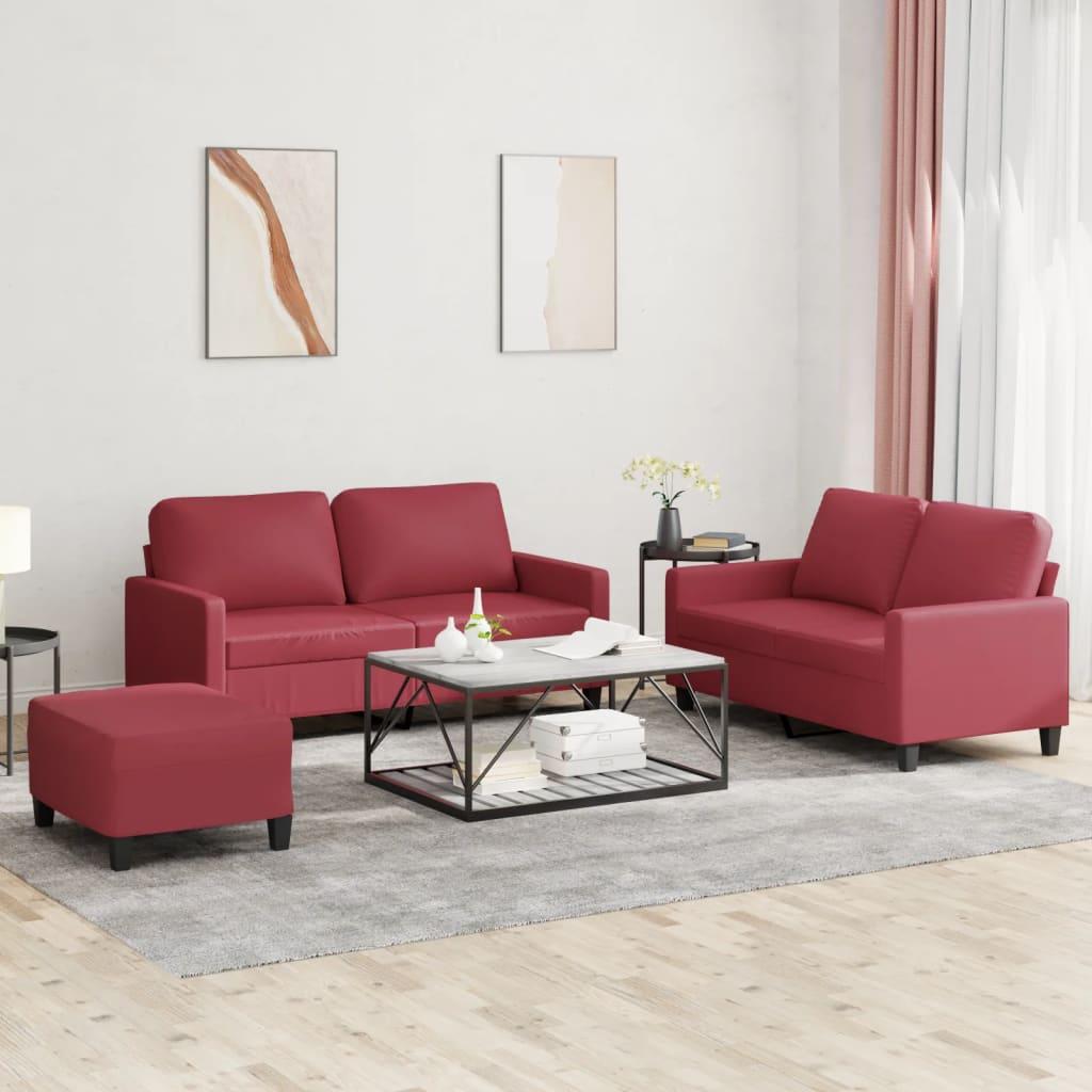 3 personers sofa med hynder kunstlæder vinrød