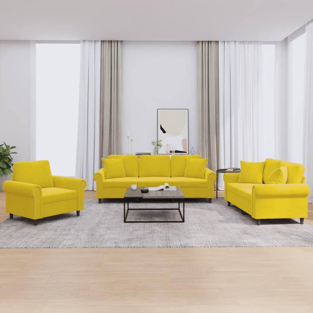3 personers sofa med puder velour gul