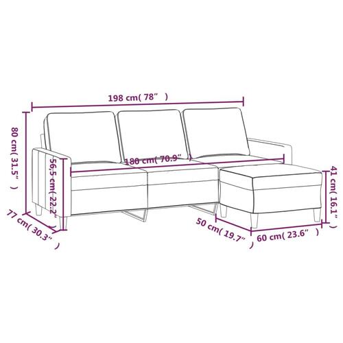 3-personers sofa med fodskammel 180 cm velour lyserød