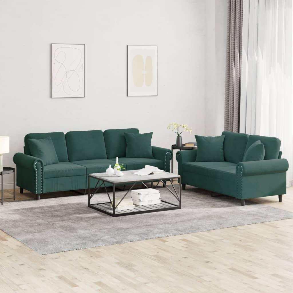 2 personers sofa med puder velour mørkegrøn