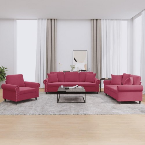 Sofasæt 3 dele med puder velour vinrød