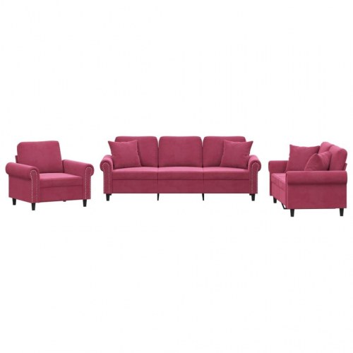 Sofasæt 3 dele med puder velour vinrød