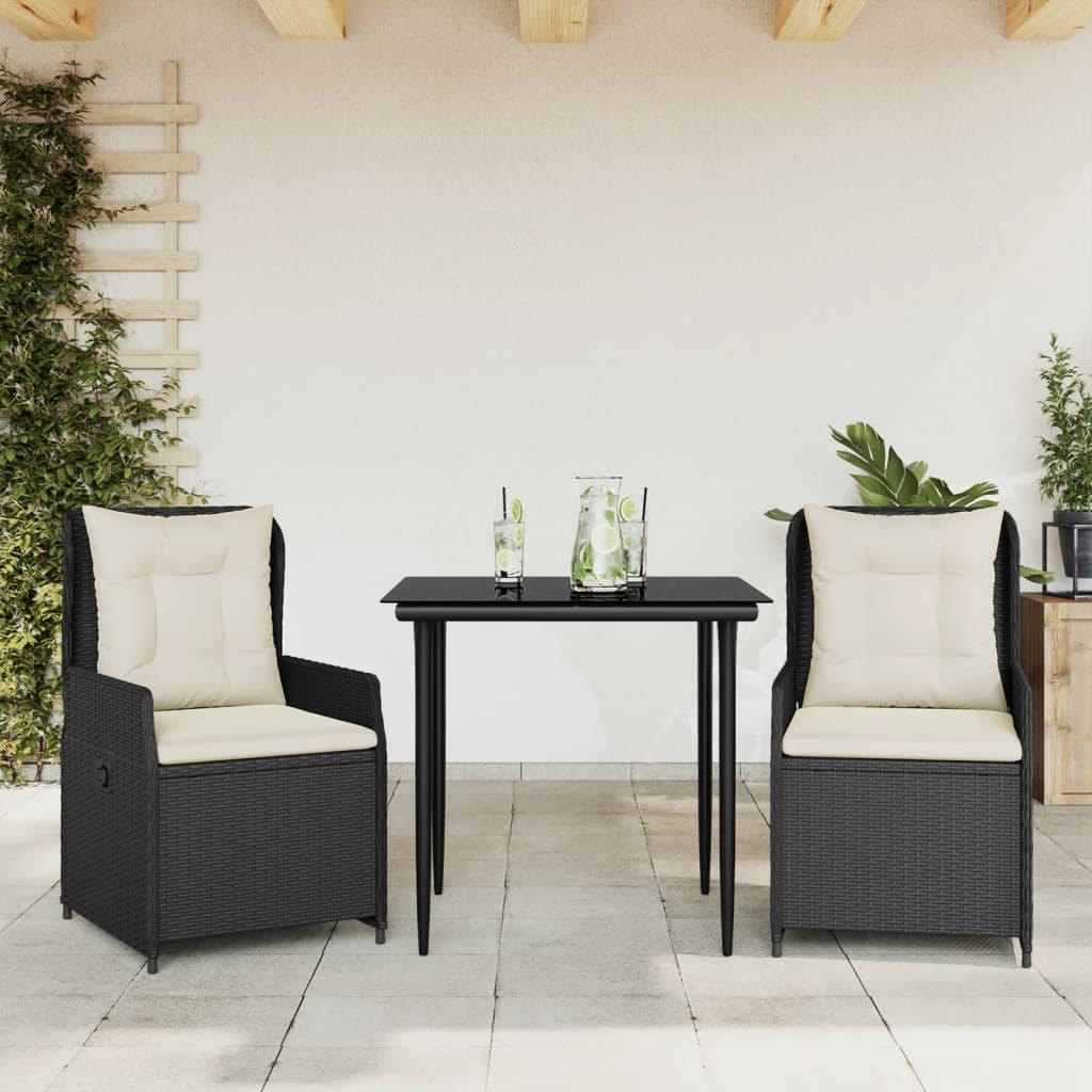 Spisebordssæt til haven 3 dele med hynder polyrattan sort