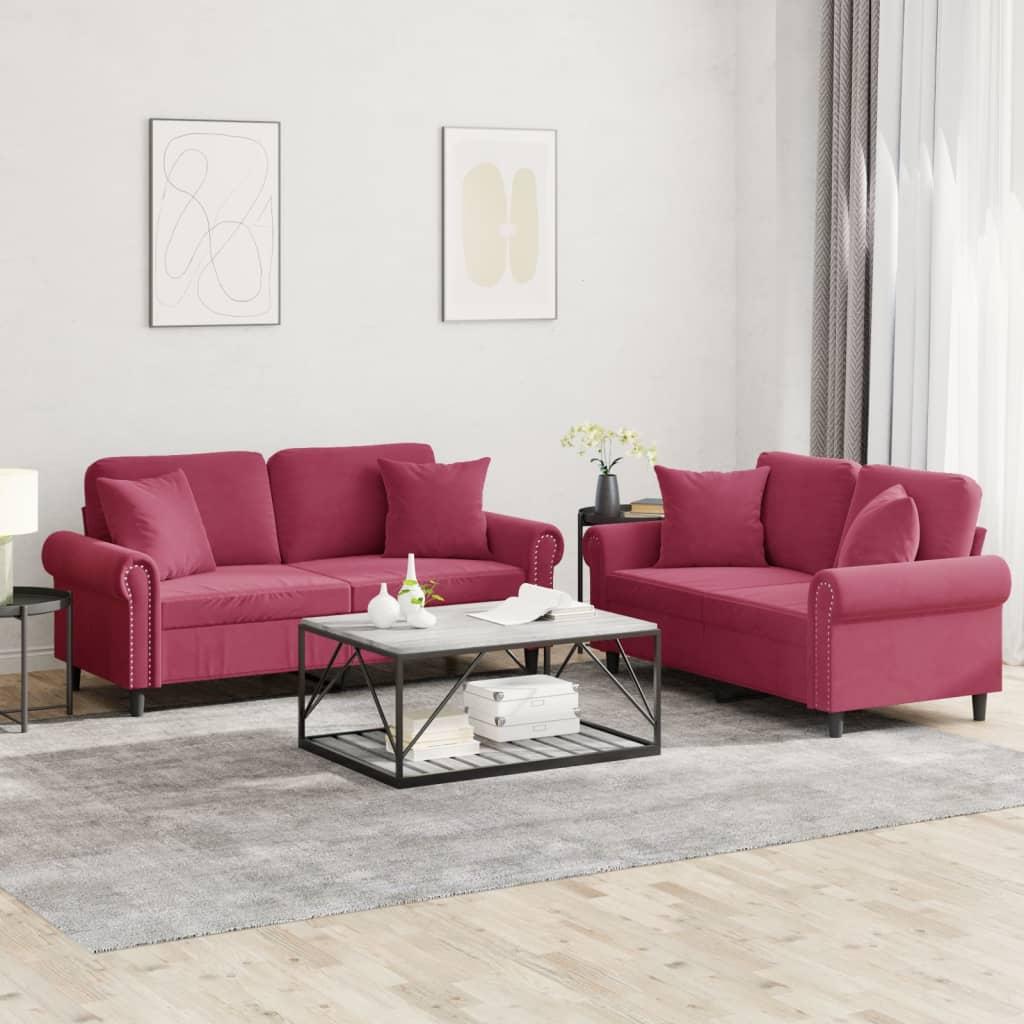 2 personers sofa med puder velour vinrød