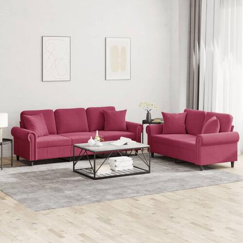 2 personers sofa med puder velour vinrød