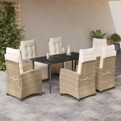 Spisebordssæt til haven 7 dele med hynder polyrattan beige