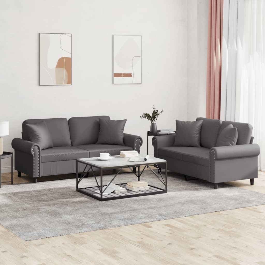 2 personers sofa med puder kunstlæder grå