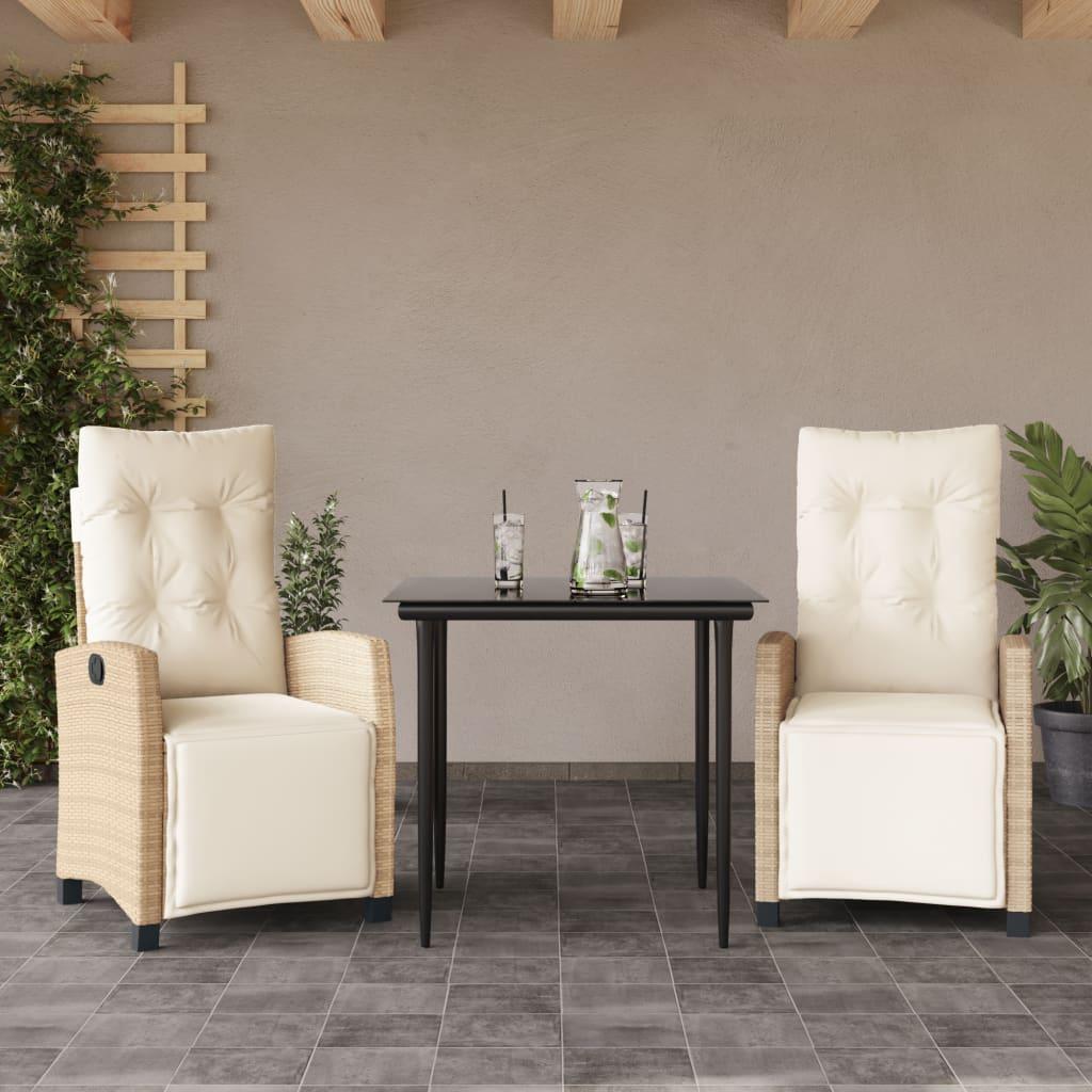 Spisebordssæt til haven 3 dele med hynder polyrattan beige