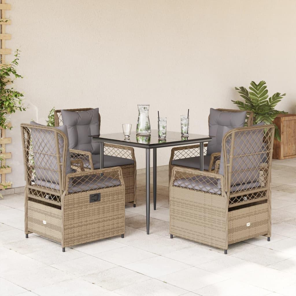 Spisebordssæt til haven 5 dele med hynder polyrattan beige
