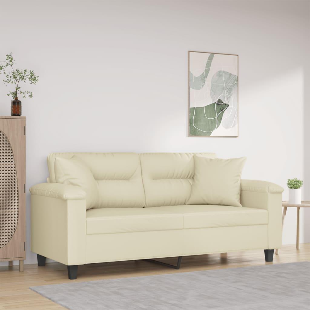 2-personers sofa med pyntepuder 140 cm kunstlæder cremefarvet