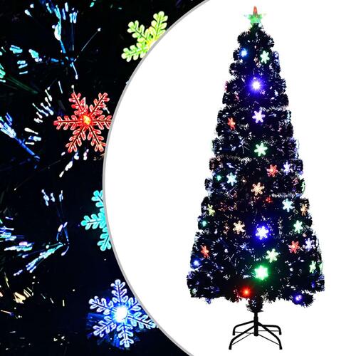 Juletræ med LED-snefnug 210 cm fiberoptik sort