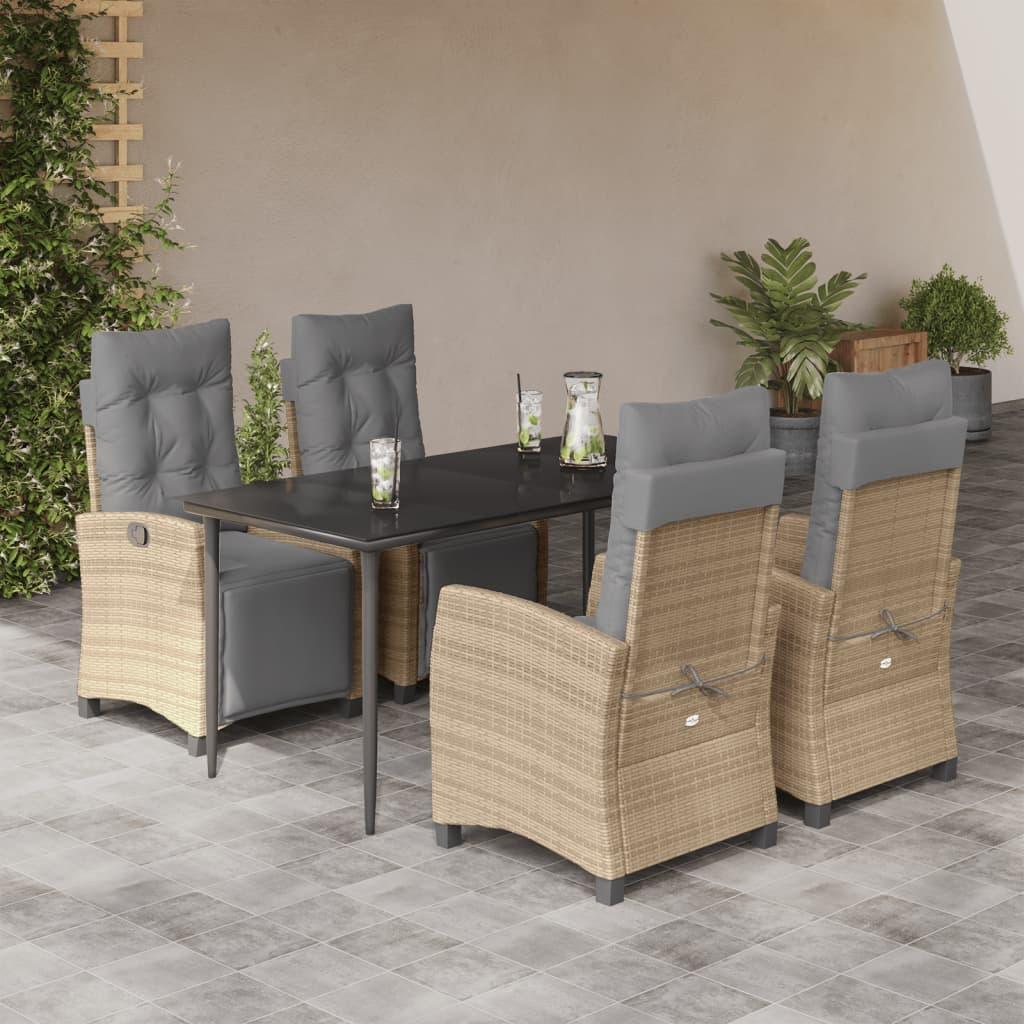 Spisebordssæt til haven 5 dele med hynder polyrattan beige