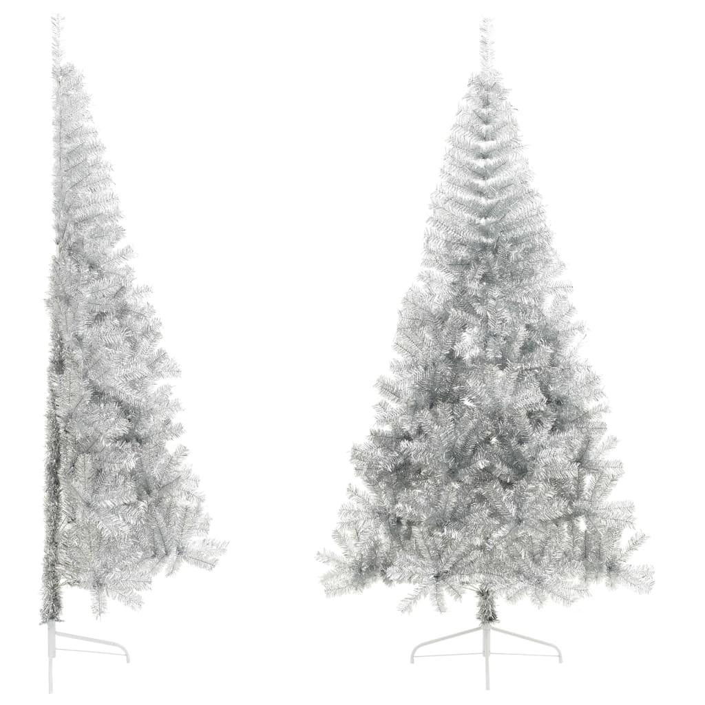 Kunstigt halvt juletræ med juletræsfod 210 cm PET sølvfarvet