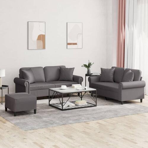 3 personers sofa med puder kunstlæder grå