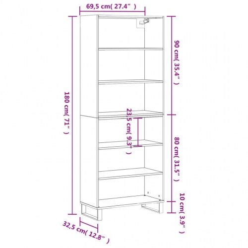 Reol 69,5x32,5x180 cm konstrueret træ sort