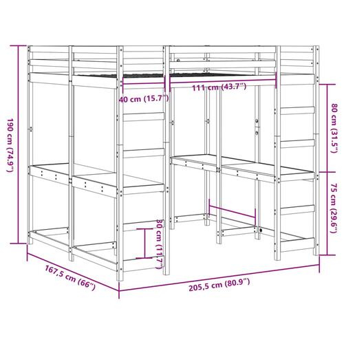 Højseng med skrivebord 160x200 cm massivt fyrretræ