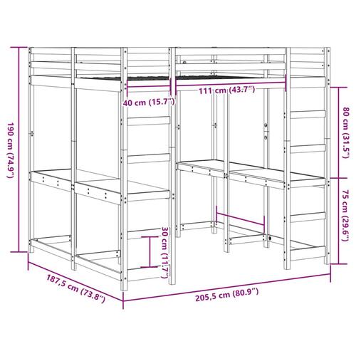 Højseng med skrivebord 180x200 cm massivt fyrretræ hvid