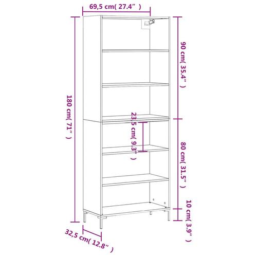 Reol 69,5x32,5x180 cm konstrueret træ sort