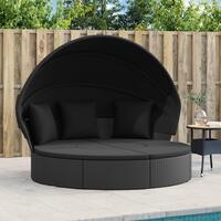 Udendørs loungeseng med tag og hynder polyrattan sort