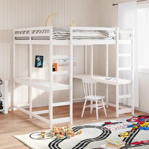 Højseng med skrivebord 200x200 cm massivt fyrretræ hvid