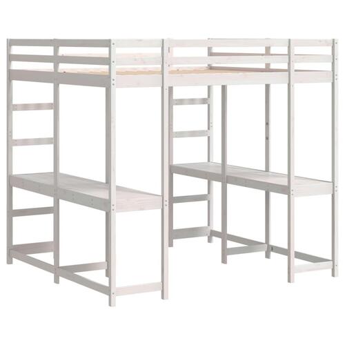 Højseng med skrivebord 200x200 cm massivt fyrretræ hvid