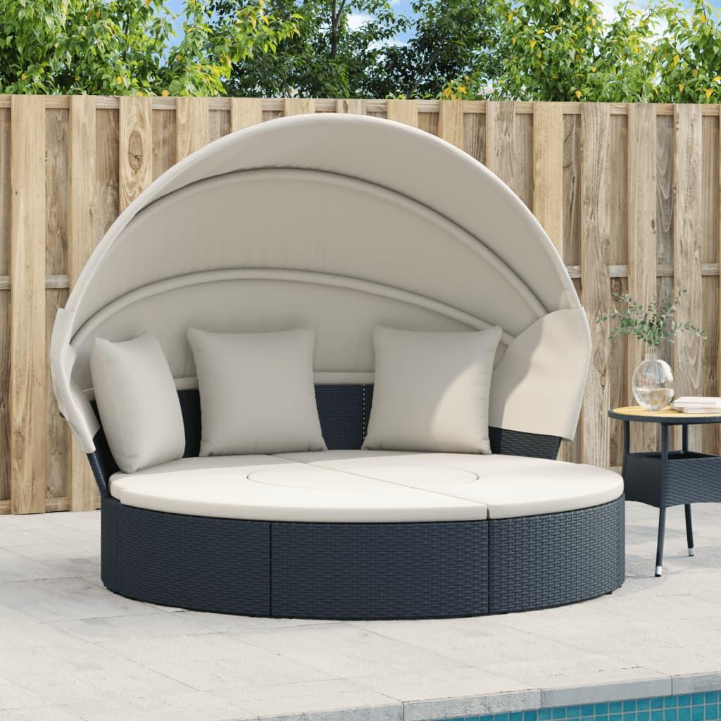 Udendørs loungeseng med tag og hynder polyrattan sort billede